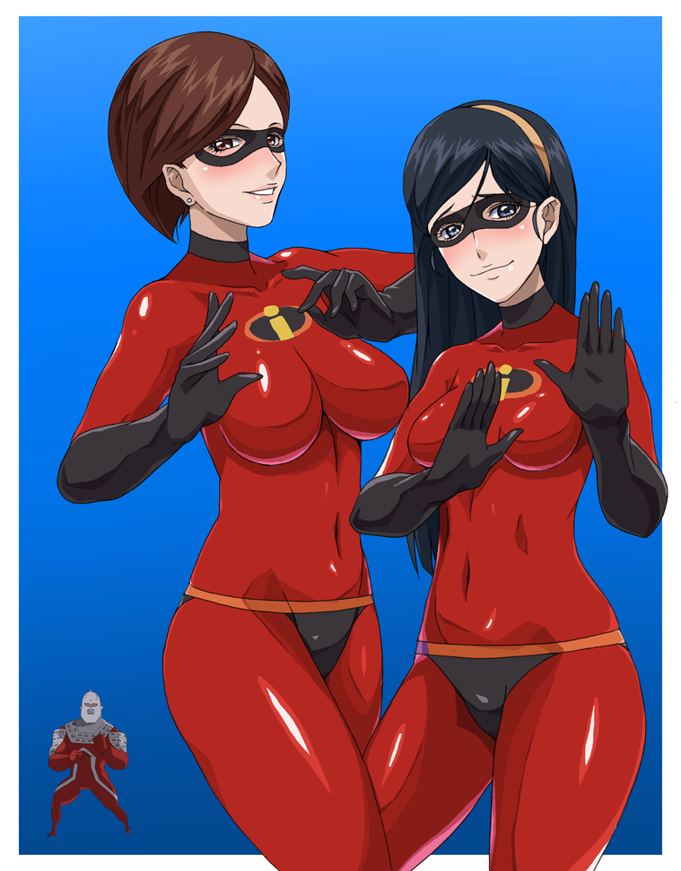 jaga note, elastigirl, helen parr, ultraseven, violet parr, disney, the incredibles, ultra series, ultraseven (series), bad id, bad pixiv id, 1boy, 2girls, age difference, animification, ass, bodysuit, breasts, crossover, domino mask, elbow gloves, gloves, impossible clothes, impossible shirt, large breasts, latex, latex gloves, latex suit, mask, mature female, mother and daughter, multiple girls, shirt, skin tight, thighhighs