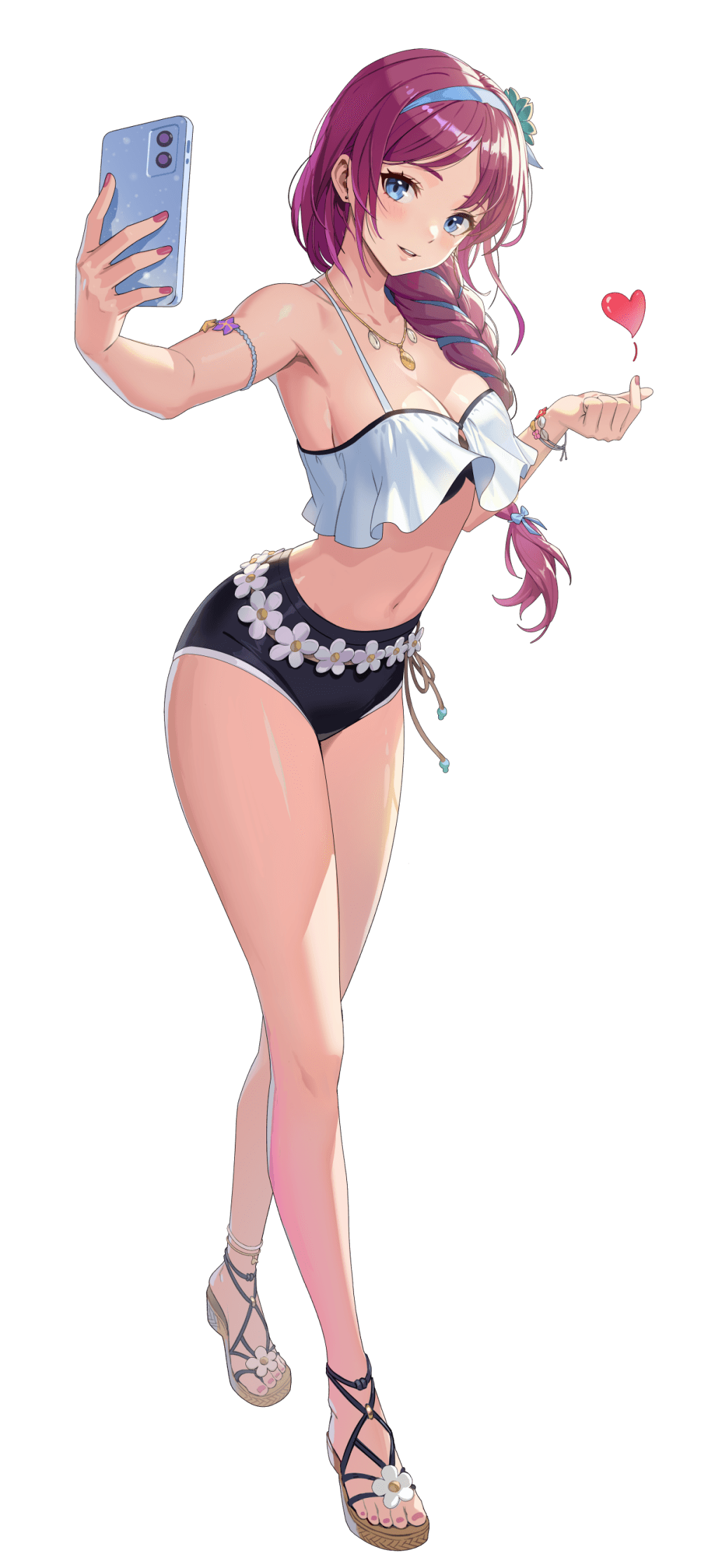 han semi, solo leveling, solo leveling: arise, highres, official art, 1girl, black panties, blue eyes, cellphone, full body, hairband, heart, holding, holding phone, jewelry, long hair, looking at viewer, navel, necklace, official alternate costume, panties, phone, pink hair, pink nails, sandals, simple background, smartphone, solo, transparent background, underwear, white hairband