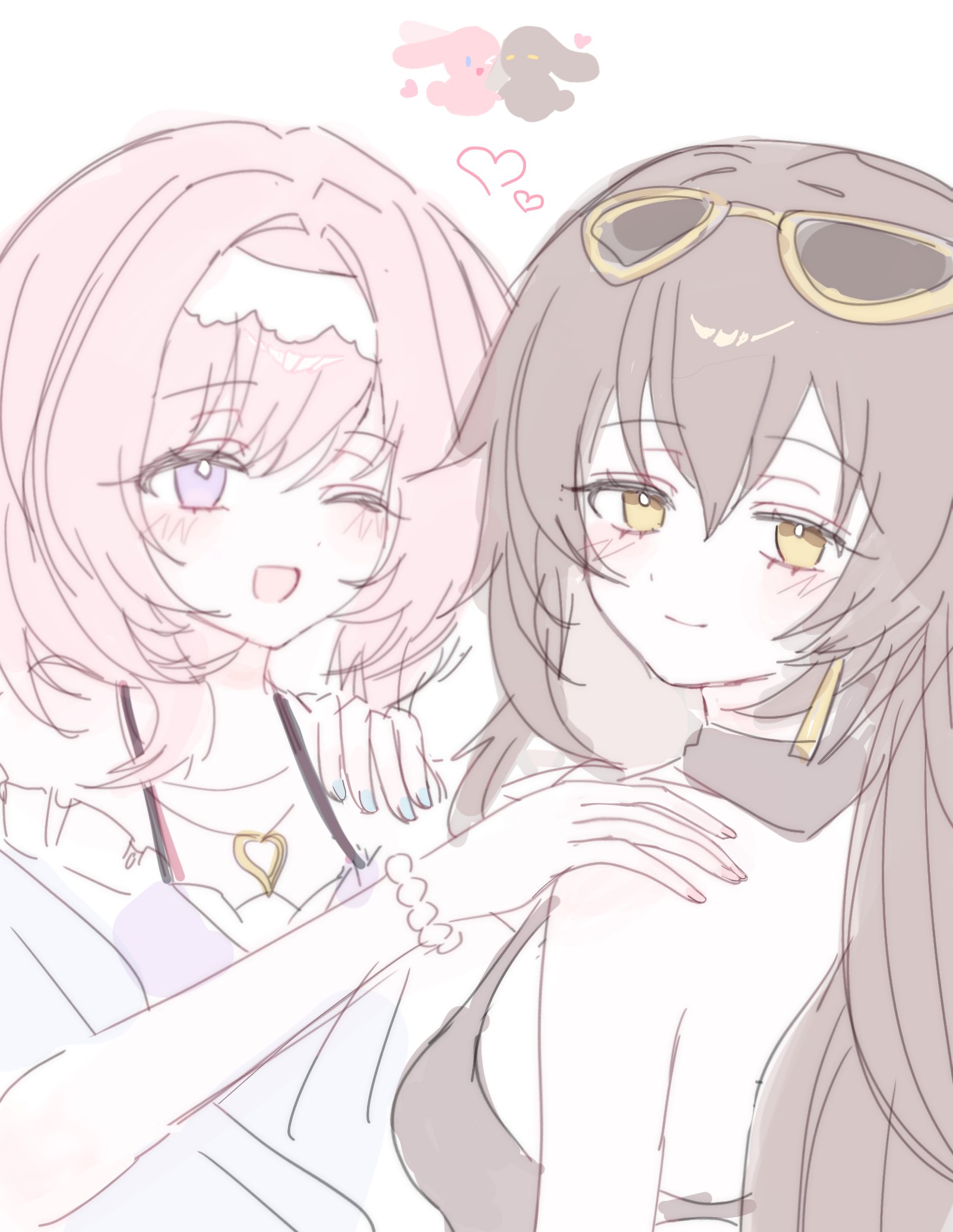 ko (assd 009), eden (honkai impact), elysia (honkai impact), honkai (series), honkai impact 3rd, commentary request, highres, korean commentary, 2girls, ;o, black shirt, blue eyes, breasts, brown hair, eyewear on head, hairband, hand on another's shoulder, heart, heart necklace, jewelry, long hair, medium breasts, multiple girls, necklace, one eye closed, pink hair, shirt, simple background, smile, sunglasses, very long hair, white background, white hairband, yellow eyes