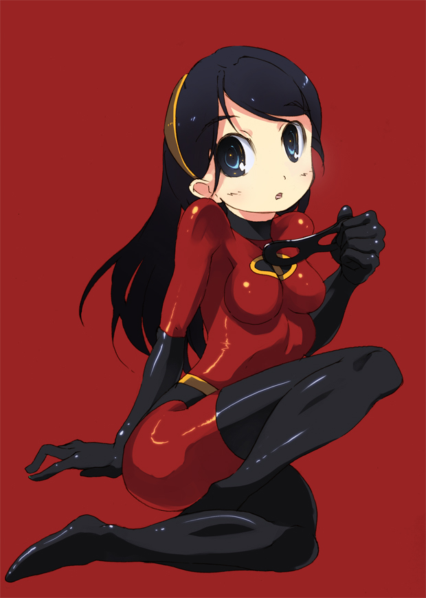 kitano yuusuke, etou mei, violet parr, gakuen utopia manabi straight!, the incredibles, 1girl, animification, ass, black hair, blue eyes, blush, bodysuit, boots, breasts, cosplay, domino mask, elbow gloves, female focus, gloves, hairband, impossible clothes, impossible shirt, latex, latex gloves, latex legwear, latex suit, long hair, mask, open mouth, shirt, sitting, skin tight, small breasts, solo, superhero costume, thigh boots, thighhighs, violet parr (cosplay)