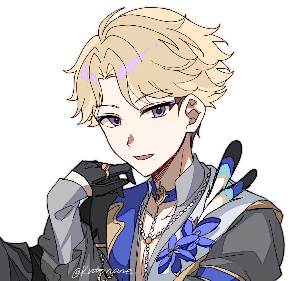narukami arashi, ensemble stars!, 1boy, beads, black gloves, blonde hair, blue flower, flower, gloves, grey shirt, hand up, jewelry, long sleeves, looking at viewer, makeup, male focus, mingxi, necklace, official alternate costume, open mouth, ring, shirt, short hair, simple background, smile, solo, twitter username, upper body, white background