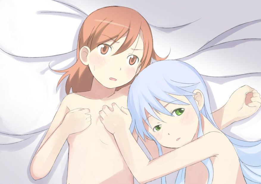 enoki p, index (toaru majutsu no index), misaka mikoto, toaru kagaku no railgun, toaru majutsu no index, bad id, bad pixiv id, 00s, 2girls, bare shoulders, bed, blue hair, blush, breasts, brown eyes, brown hair, completely nude, female focus, flat chest, from above, grabbing another's breast, green eyes, groping, hug, long hair, lying, multiple girls, nude, on back, open mouth, short hair, small breasts, sweat, topless female, yuri