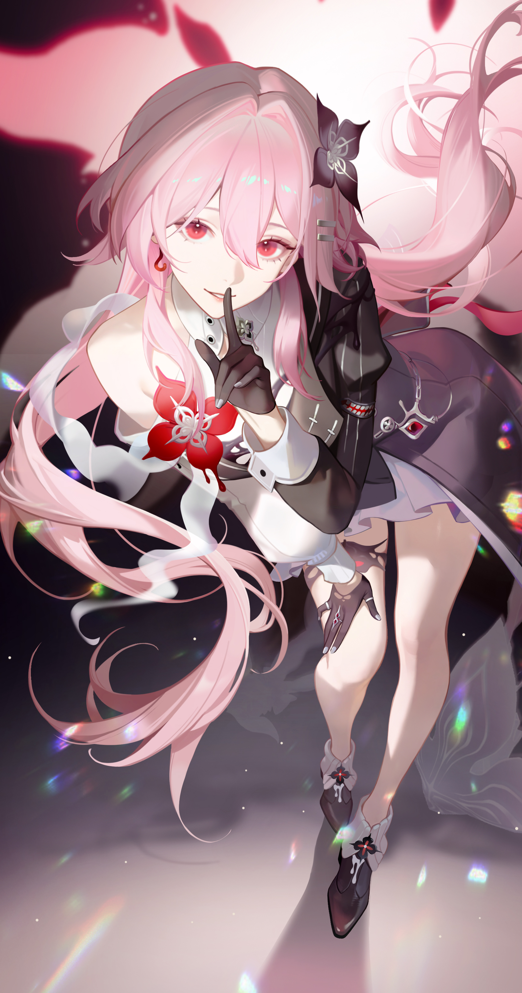 jing dian da mo dao, evernight (honkai: star rail), march 7th (honkai: star rail), honkai: star rail, honkai (series), absurdres, highres, asymmetrical sleeves, dress, earrings, evey (honkai: star rail), finger to mouth, flower, gem, gloves, hair flower, hair ornament, hairclip, jewelry, long hair, mismatched sleeves, parallel hairclips, pink hair, red eyes, ring, shoes, shushing, single bare shoulder, single earring, thigh strap, very long hair