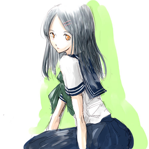 emukami, lowres, tagme, black hair, school uniform, serafuku, sketch, yellow eyes