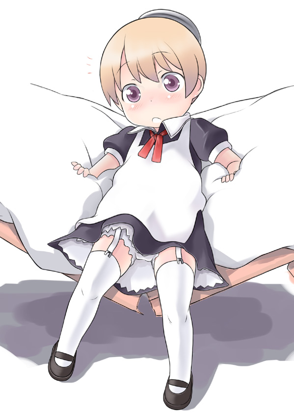 saga inu, flandre (kaibutsu oujo), kaibutsu oujo, 00s, 1girl, black shoes, blush, brown hair, child, female focus, full body, garter belt, maid, mary janes, puffy short sleeves, puffy sleeves, purple eyes, shoes, short hair, short sleeves, solo, thighhighs, white thighhighs