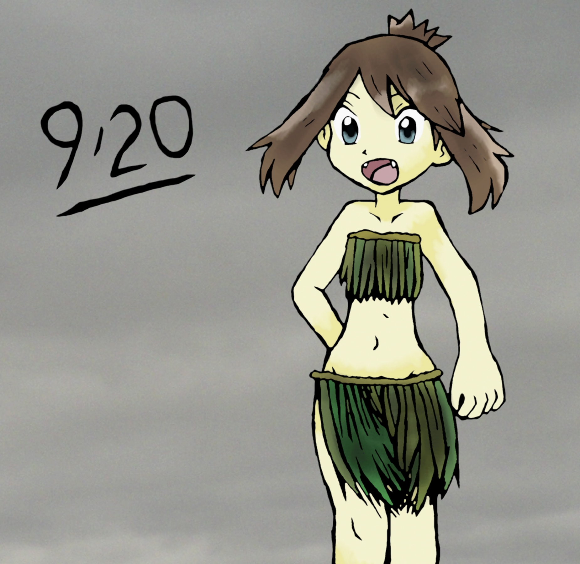 may (pokemon), nintendo, pokemon, pokemon adventures, highres, 1girl, amayzing2002, arm at side, arm behind back, armpit crease, bikini, blue eyes, brown hair, clenched hand, collarbone, eyelashes, fangs, flat chest, gradient background, grass skirt, grey background, groin, happy, happy birthday, knees, leaf bikini, legs, legs together, medium hair, midriff, navel, neck, no bra, no panties, official alternate costume, open mouth, outdoors, revealing clothes, sidelocks, standing, stomach, swept bangs, thighs, tomboy, topknot