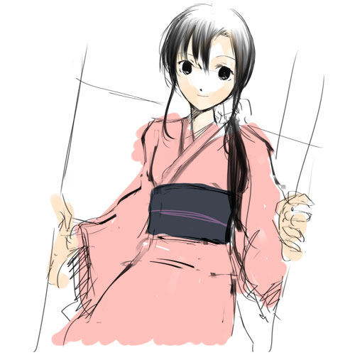 emukami, lowres, tagme, black hair, japanese clothes, kimono, sketch, solo