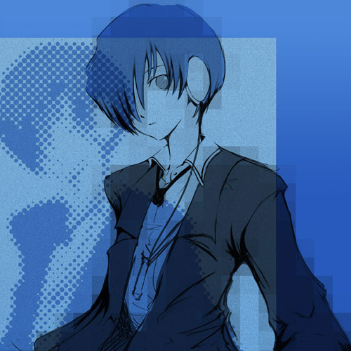 emukami, yuuki makoto (persona 3), atlus, persona, persona 3, lowres, 1boy, blue hair, blue theme, digital media player, digital walkman, hair over one eye, headphones, male focus, monochrome, school uniform, short hair, solo, walkman nw-s203f