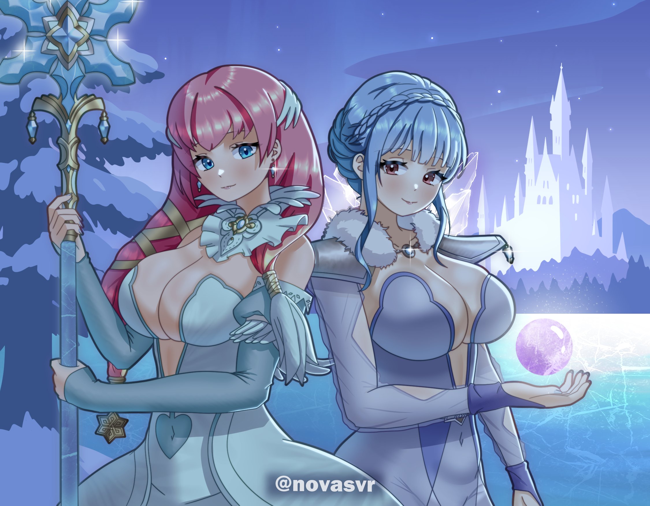 fjorm (fire emblem), fjorm (ice tribe) (fire emblem), gunnthra (fire emblem), marianne von edmund, nifl (fire emblem), nifl (ice tribe) (fire emblem), fire emblem, fire emblem: three houses, fire emblem heroes, nintendo, highres, 2girls, artist name, blue eyes, blue hair, braid, breasts, cleavage, cosplay, covered navel, crown braid, detached sleeves, dress, earrings, fjorm (fire emblem) (cosplay), holding, holding polearm, holding weapon, jewelry, large breasts, long hair, looking at another, multiple girls, nifl (fire emblem) (cosplay), pink hair, polearm, smile, strapless, strapless dress, upper body, weapon