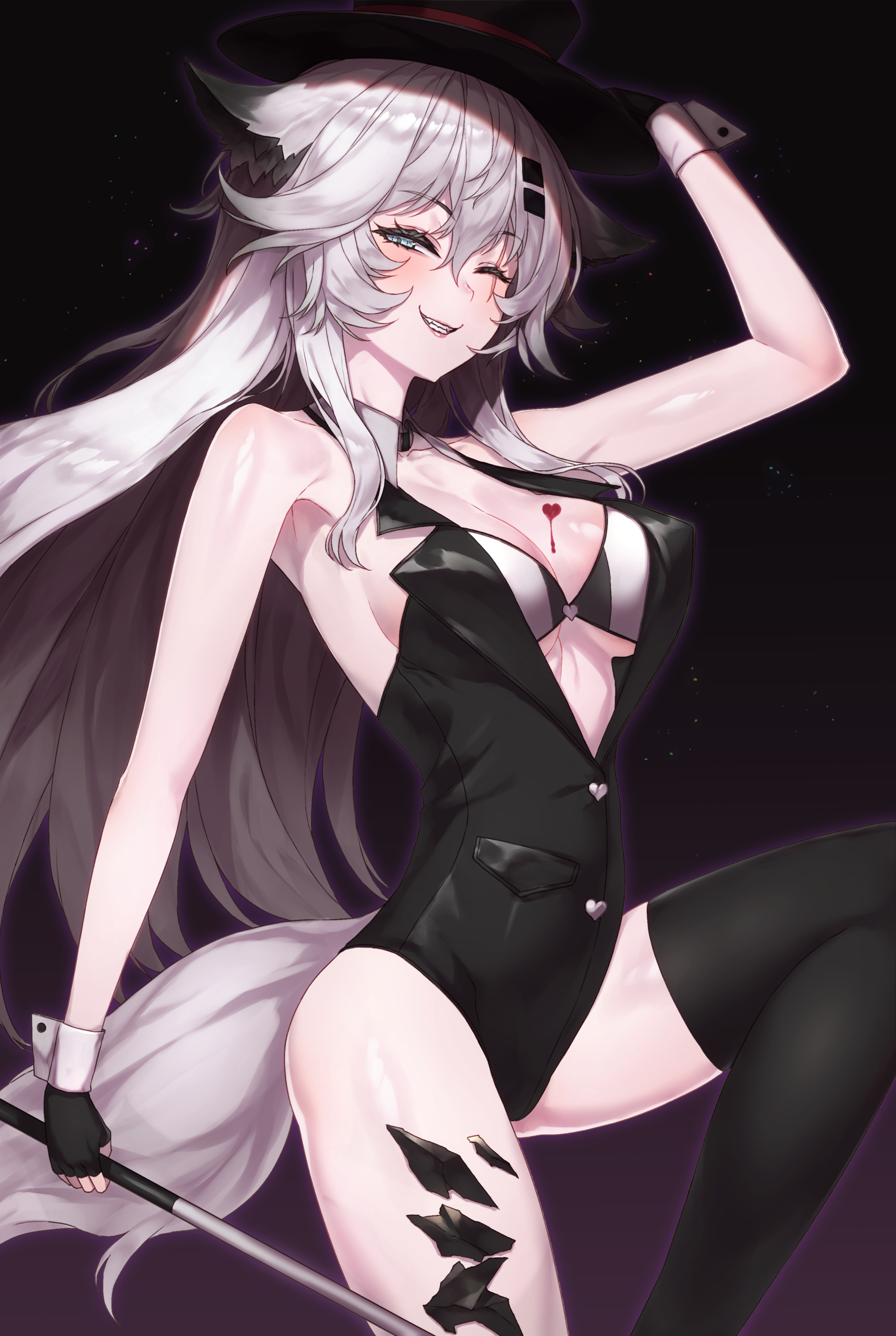 sicsic49, lappland (arknights), arknights, absurdres, commentary request, highres, 1girl, ;d, animal ears, bare shoulders, black gloves, black hat, black leotard, black thighhighs, blush, breasts, buttons, cleavage, fingerless gloves, gloves, grey eyes, grey hair, grin, hair between eyes, hair ornament, hairclip, half-closed eye, hand on headwear, hat, heart, heart button, holding, lapels, leg up, leotard, light particles, long hair, looking at viewer, material growth, medium breasts, one eye closed, open mouth, oripathy lesion (arknights), scar, scar across eye, scar on face, single thighhigh, smile, solo, tail, thighhighs, wolf ears, wolf girl, wolf tail