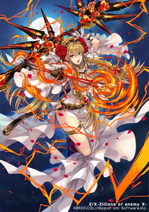 hagiya kaoru, gandiva (z/x), z/x, official art, 1girl, ahoge, arrow (projectile), black hairband, bow (weapon), breasts, brown gloves, cleavage, copyright notice, dress, electricity, feather hair ornament, feathers, fire, flower, frilled dress, frills, gloves, green eyes, hair flower, hair ornament, hairband, heterochromia, holding, holding arrow, holding bow (weapon), holding weapon, large breasts, long hair, moon, night, night sky, open mouth, red eyes, sidelocks, sky, solo, thigh strap, very long hair, weapon, white dress