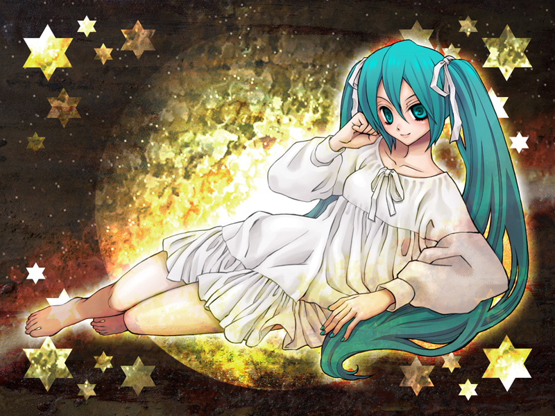 emura miurin, hatsune miku, vocaloid, bad id, bad pixiv id, aqua eyes, aqua hair, hair ribbon, lingerie, long hair, moon, nightgown, ribbon, solo, star (sky), star (symbol), twintails, underwear