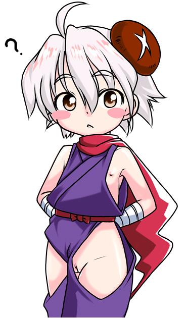 saga inu, visbou, vista-tan, os-tan, 1girl, ahoge, blush, cleft of venus, female focus, flat chest, loli, looking at viewer, ninja, nipple slip, nipples, pussy, scarf, short hair, solo, tomboy, uncensored
