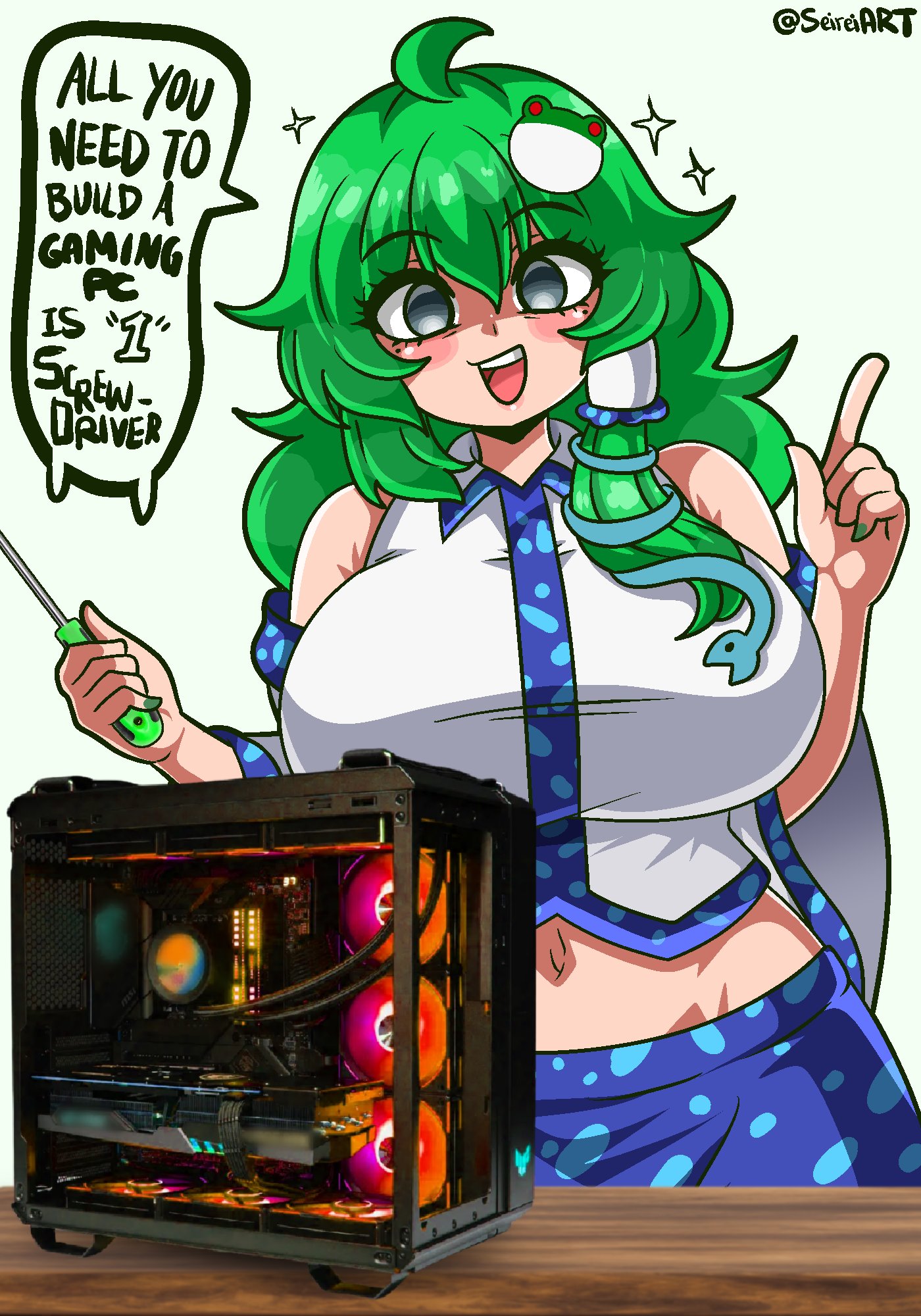 seireiart, kochiya sanae, touhou, highres, 1girl, :d, ahoge, bare shoulders, blue skirt, blush, blush stickers, breasts, collared shirt, computer, computer tower, detached sleeves, dialogue box, dot nose, english text, facing viewer, frog hair ornament, green hair, green nails, hair ornament, hair tubes, holding, holding screwdriver, huge breasts, index finger raised, long sleeves, looking at viewer, midriff, nail polish, navel, open mouth, patterned clothing, print skirt, screwdriver, shirt, simple background, single hair tube, single sidelock, skirt, skirt set, sleeveless, sleeveless shirt, smile, snake hair ornament, solo, sparkle, table, teeth, twitter username, upper body, upper teeth only, white background, wide sleeves