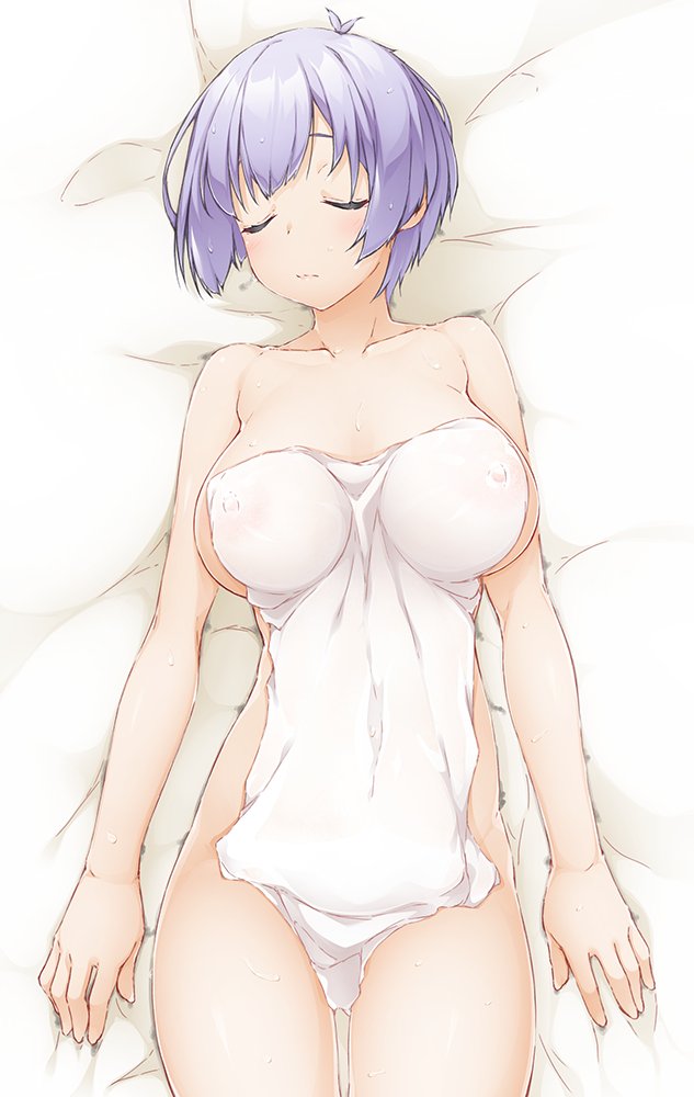 hinata masaki, irina ilukhina, renai flops, 1girl, breasts, closed mouth, completely nude, covered erect nipples, large breasts, nude, purple hair, short hair, towel, wet