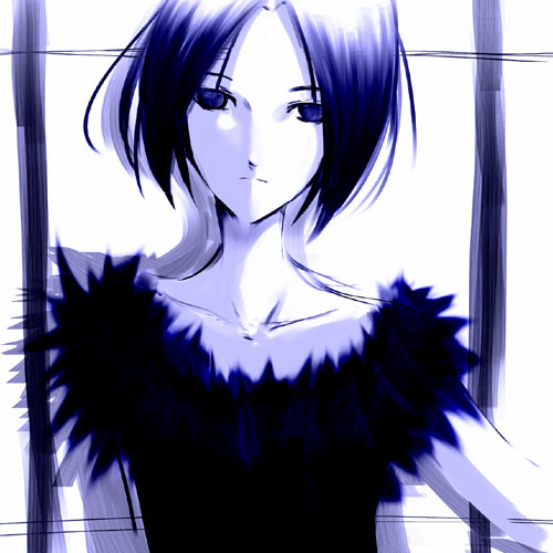emukami, lowres, 1girl, blue theme, female focus, monochrome, short hair, solo