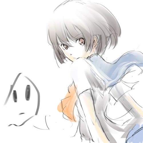 emukami, lowres, 1girl, female focus, school uniform, short hair, sketch, solo