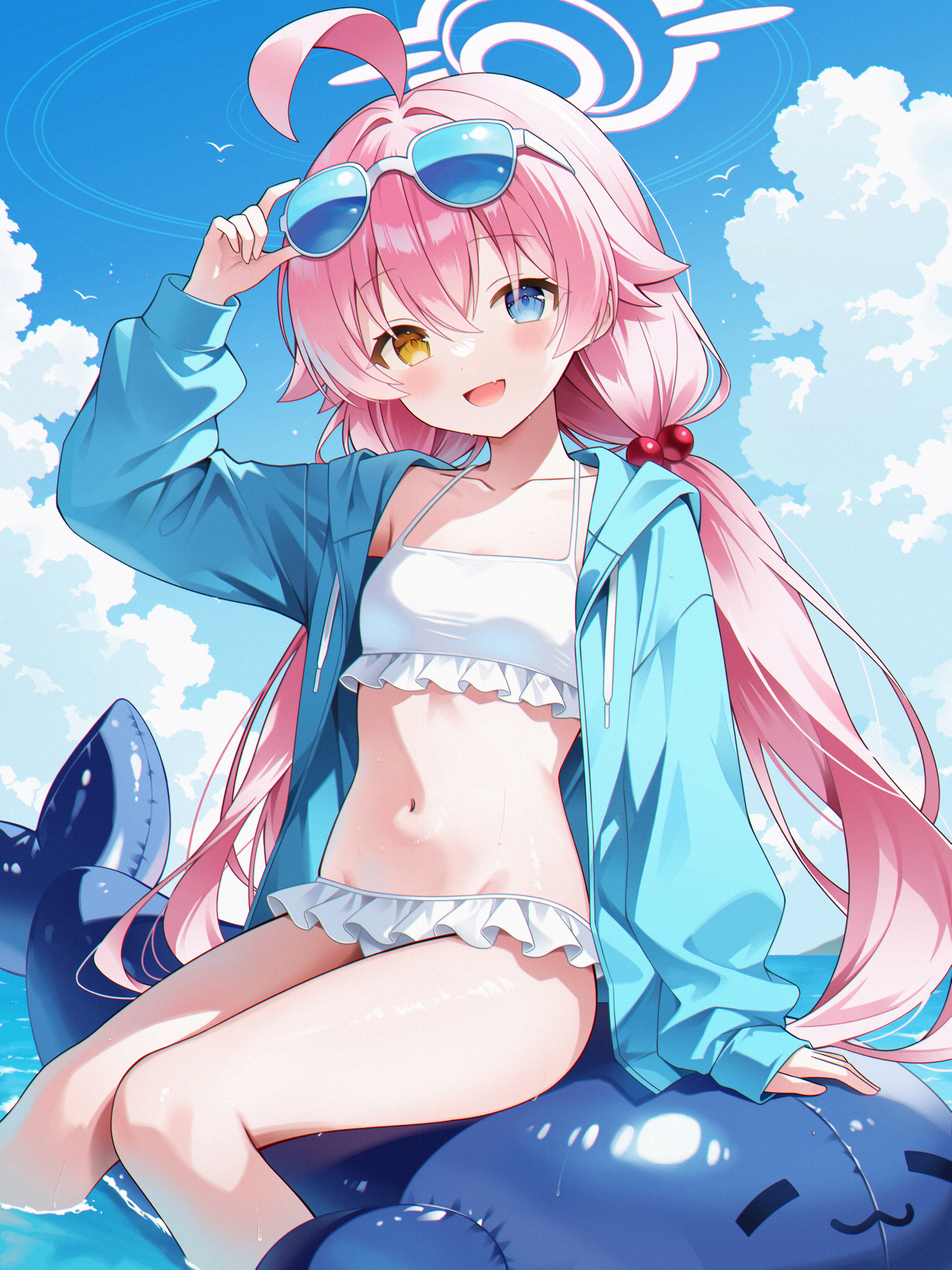 rim (rimmon2438), hoshino (blue archive), hoshino (swimsuit) (blue archive), blue archive, absurdres, commentary request, highres, variant set, 1girl, ahoge, arm up, bikini, blue-tinted eyewear, blue cardigan, blue eyes, blue sky, breasts, cardigan, cloud, cloudy sky, collarbone, day, eyewear on head, frilled bikini, frills, hair bobbles, hair intakes, hair ornament, halo, heterochromia, hood, hooded cardigan, long hair, long sleeves, low twintails, navel, ocean, open cardigan, open clothes, orange eyes, outdoors, pink hair, simple bird, sitting, sky, sleeves past wrists, small breasts, soaking feet, solo, swimsuit, thighhighs, tinted eyewear, twintails, very long hair, water, water drop, white bikini
