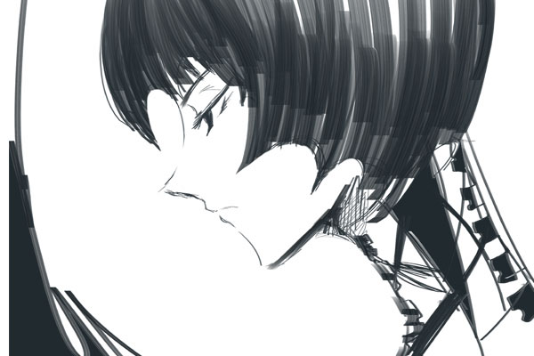 emukami, original, 1girl, expressionless, female focus, greyscale, looking down, monochrome, portrait, profile, short hair, sketch, solo