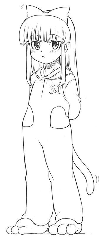 saga inu, 3.1-tan, os-tan, :<, animal costume, arms behind back, blush, greyscale, long hair, monochrome, solo, standing, tail