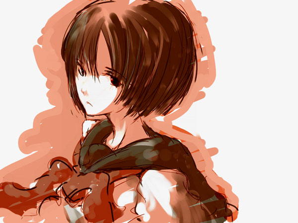 emukami, 1girl, female focus, school uniform, serafuku, short hair, sketch, solo