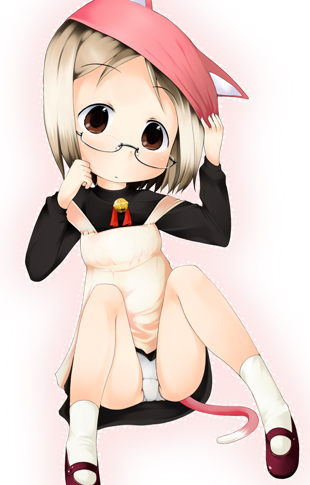 hubrael, sakuragi matsuri, ichigo mashimaro, bad id, bad pixiv id, animal ears, bell, brown eyes, brown hair, cat ears, cat tail, glasses, hat, loli, panties, short hair, socks, solo, tail, underwear, upskirt