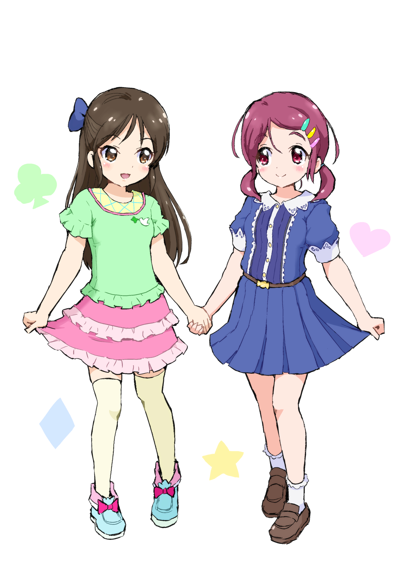 yakizakana (yakizakana10967), nono kotori, tachibana arisu, hugtto! precure, idolmaster, idolmaster cinderella girls, precure, highres, 2girls, blue bow, blue dress, blue shoes, bow, brown eyes, brown hair, brown shoes, closed mouth, cosplay, costume switch, crossover, dress, footwear bow, frilled skirt, frilled socks, frills, full body, green shirt, hair bow, hair ornament, hairclip, holding hands, loafers, long hair, looking at another, low twintails, medium hair, multicolored shoes, multiple girls, open mouth, pink bow, pink eyes, pink hair, pink shoes, pink skirt, shirt, shoes, short sleeves, short twintails, skirt, skirt hold, smile, sneakers, socks, split mouth, standing, t-shirt, thighhighs, twintails, two-tone shoes, white socks, yellow thighhighs