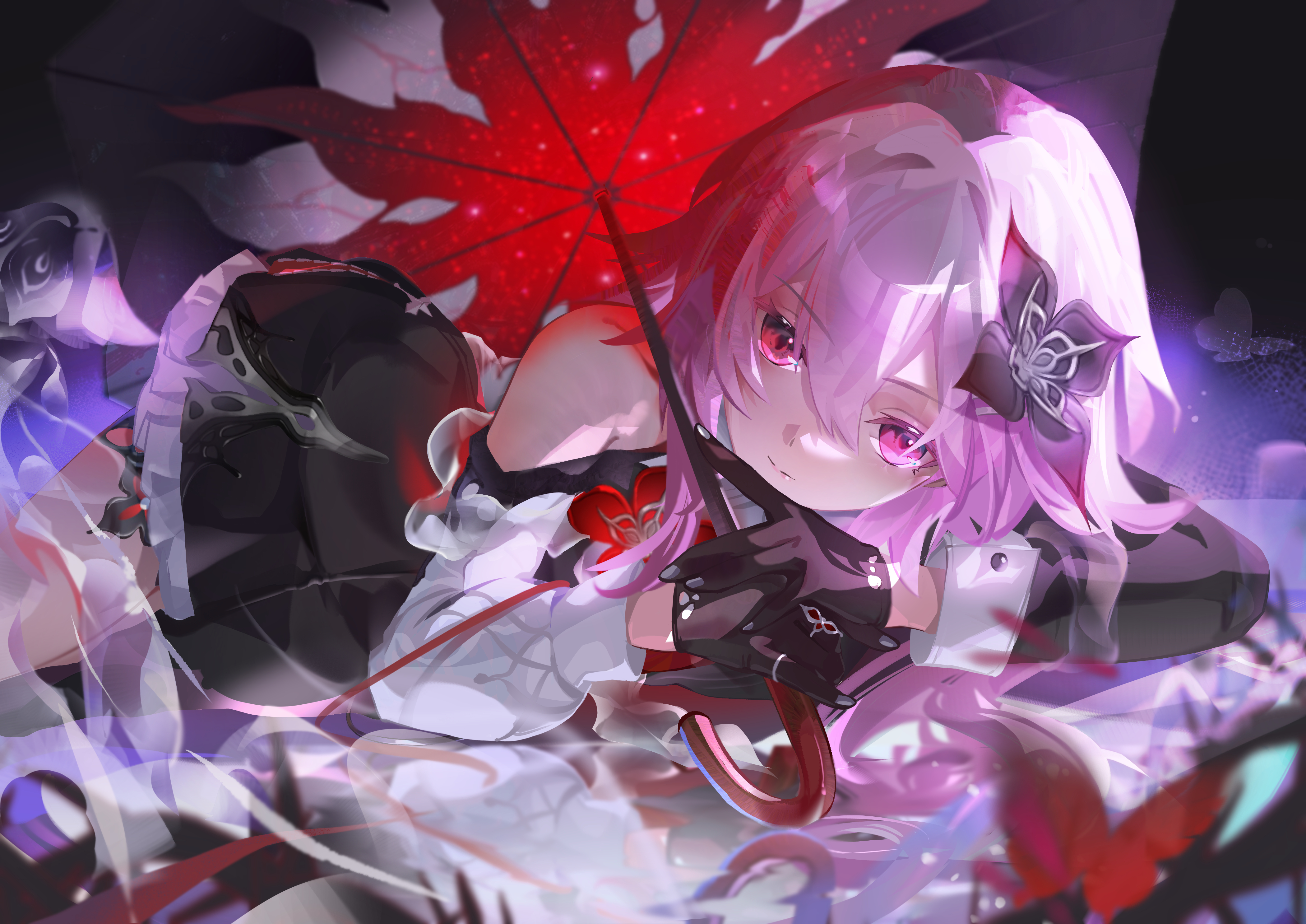 miaosu, evernight (honkai: star rail), march 7th (honkai: star rail), honkai: star rail, honkai (series), absurdres, highres, 1girl, bug, butterfly, dress, earrings, evey (honkai: star rail), flower, gloves, hair between eyes, hair flower, hair ornament, insect, jewelry, lying, pink hair, red eyes, single bare shoulder, single earring, solo focus, thigh strap, umbrella