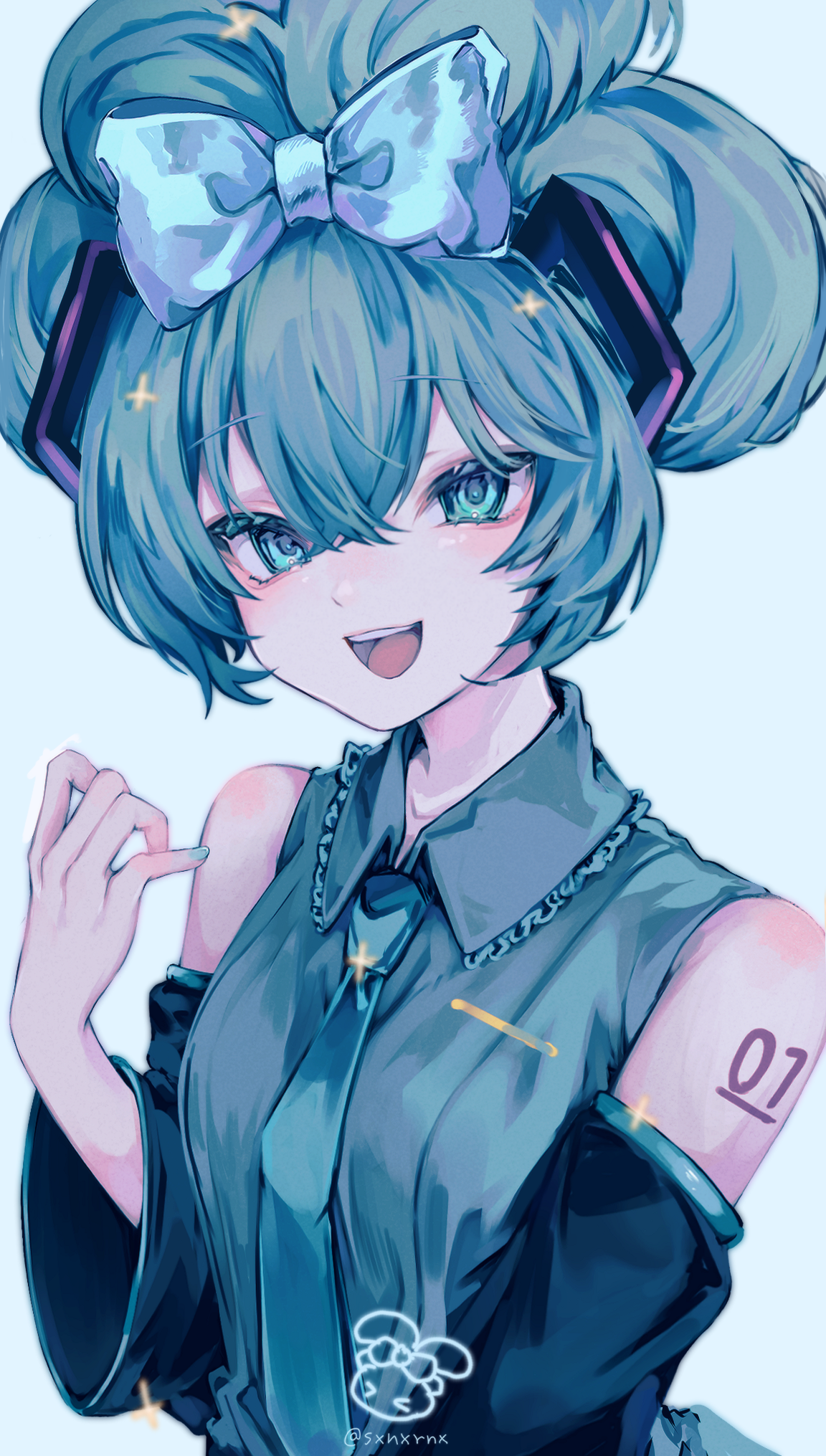 sxnxrnx, cinnamiku, hatsune miku, vocaloid, highres, 1girl, :d, aqua bow, aqua eyes, aqua hair, aqua nails, aqua necktie, aqua shirt, arm up, artist name, bare shoulders, black sleeves, bow, collared shirt, detached sleeves, double-parted bangs, grey background, hair between eyes, hair bow, long sleeves, looking at viewer, necktie, number tattoo, open mouth, shirt, shoulder tattoo, simple background, smile, solo, tattoo, teeth, updo, upper body, upper teeth only