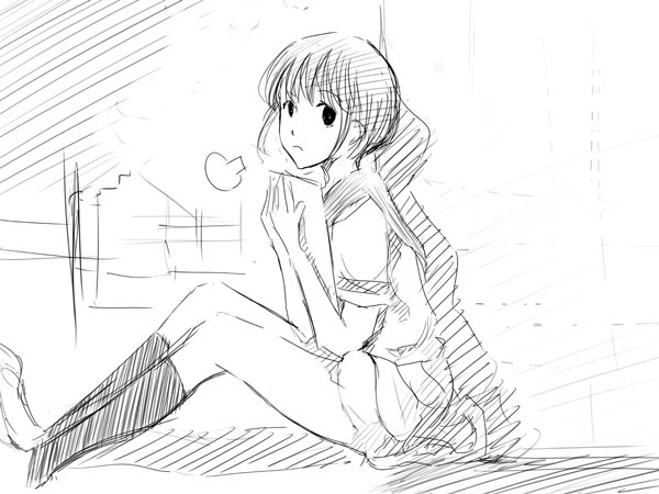 emukami, tagme, greyscale, monochrome, short hair, sitting, sketch, solo