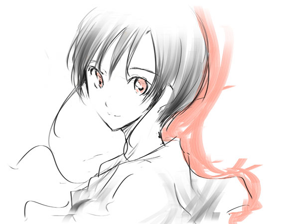 emukami, original, 1girl, black hair, female focus, looking at viewer, red eyes, short hair, sidelocks, sketch, smile, solo, upper body