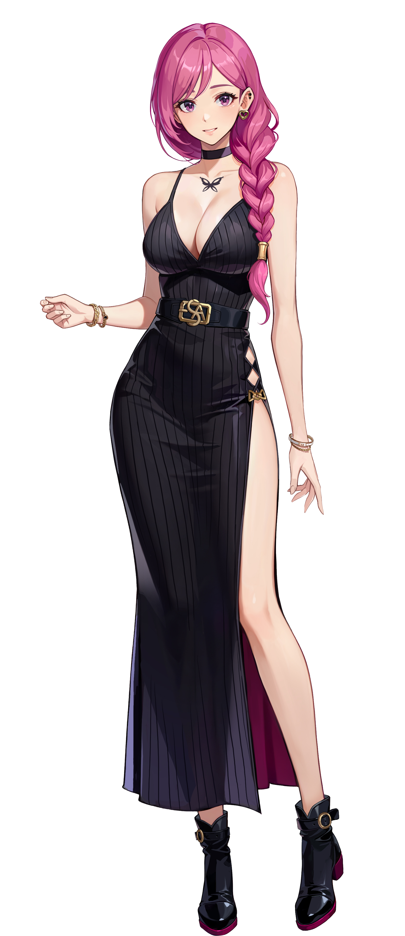 han semi, solo leveling, solo leveling: arise, absurdres, highres, official art, 1girl, black boots, black choker, boots, bracelet, breasts, butterfly tattoo, chest tattoo, choker, cleavage, dress, earrings, full body, heart, heart earrings, high heel boots, high heels, jewelry, large breasts, long hair, looking at viewer, official alternate costume, pink eyes, side slit, simple background, sleeveless, sleeveless dress, solo, tattoo, transparent background