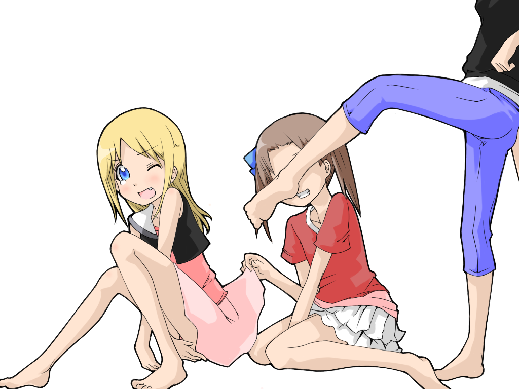ta (tama20150125), ana coppola, itou nobue, matsuoka miu, ichigo mashimaro, bad id, bad pixiv id, barefoot, blonde hair, blue eyes, brown hair, child, clothes lift, fang, feet, grin, hair ribbon, kicking, ribbon, skirt, skirt lift, smile, tears, twintails