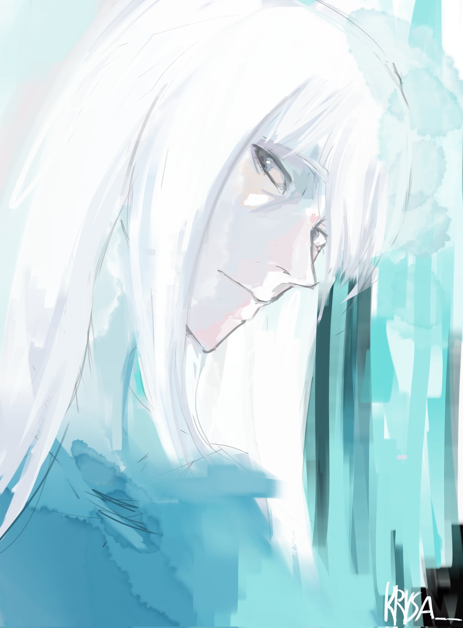 todoroki rei, boku no hero academia, highres, 1girl, abstract background, blue shirt, grey eyes, krysa, long hair, long sidelocks, looking at viewer, shirt, sidelocks, signature, swept bangs, two-tone background, white hair