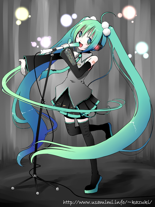 kazuharu kina, hatsune miku, vocaloid, detached sleeves, gradient hair, green eyes, green hair, long hair, microphone, microphone stand, multicolored hair, music, necktie, singing, skirt, solo, spring onion, thighhighs, twintails, very long hair