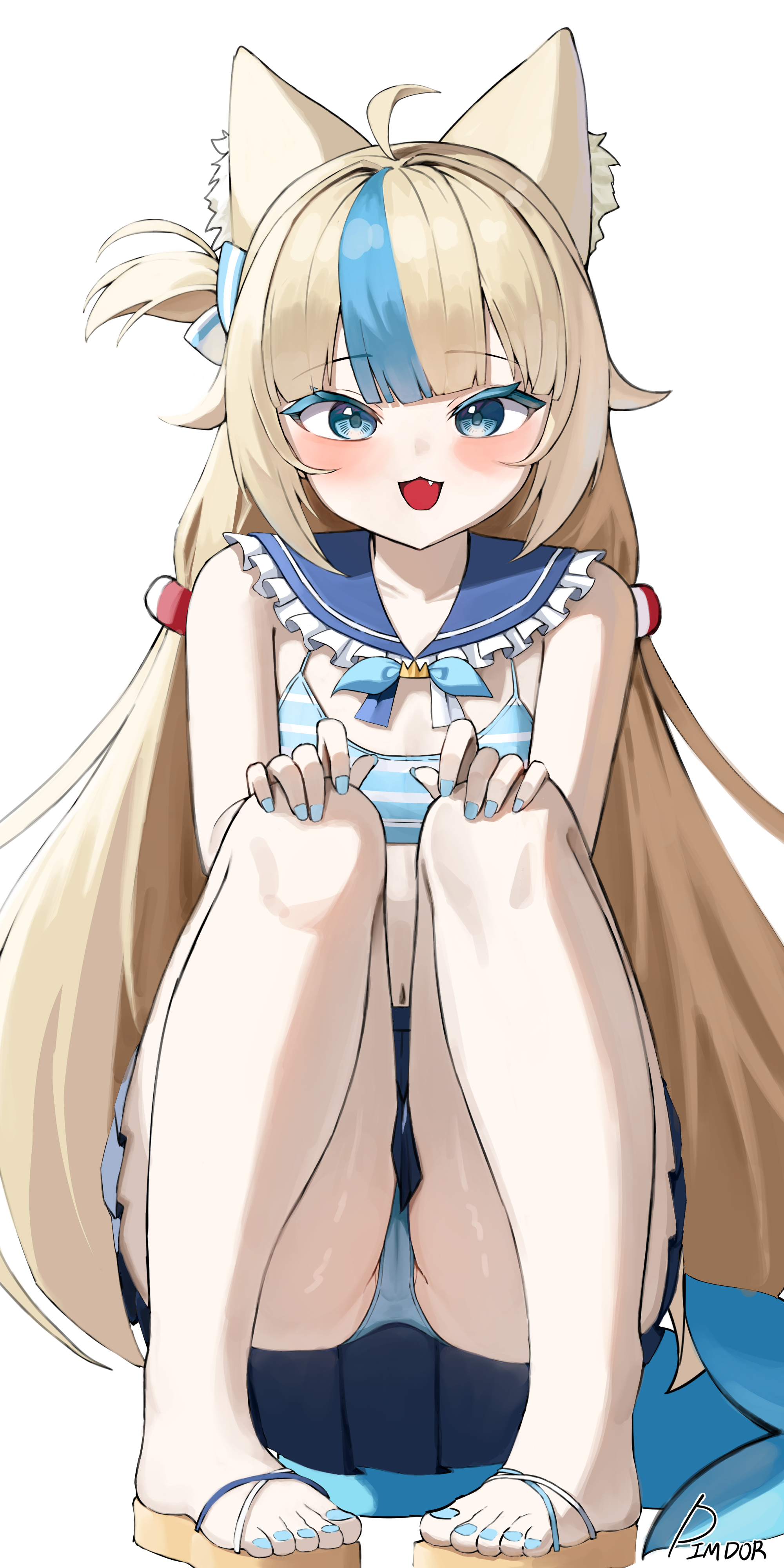 dimdor, sameko saba, indie virtual youtuber, absurdres, highres, 1girl, ahoge, animal ear fluff, animal ears, artist name, blonde hair, blue eyes, blue nails, blue panties, blue sailor collar, blue skirt, blue streaks, blush, bra, cameltoe, frilled sailor collar, frills, full body, long hair, looking at viewer, miniskirt, multicolored hair, nail polish, navel, no shirt, open mouth, panties, pigeon-toed, pleated skirt, sailor collar, simple background, skirt, smile, solo, squatting, straight-on, streaked hair, striped bra, striped clothes, toenail polish, toenails, underwear, very long hair, virtual youtuber, white background