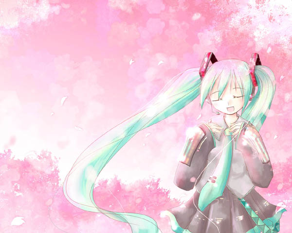namiuchi nanami, hatsune miku, vocaloid, aqua hair, cherry blossoms, closed eyes, detached sleeves, headset, long hair, necktie, skirt, solo, twintails, very long hair
