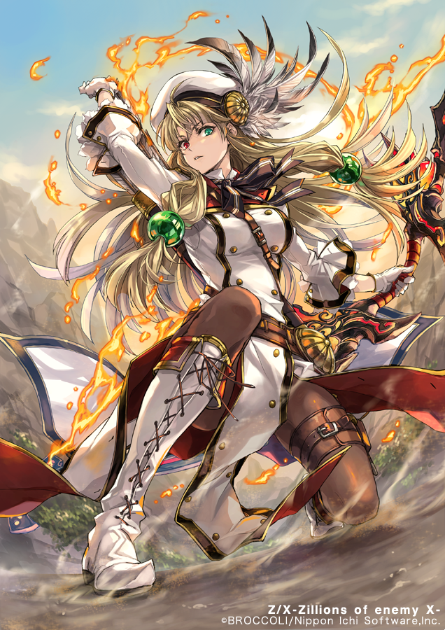 hagiya kaoru, gandiva (z/x), z/x, official art, 1girl, arm up, between breasts, blonde hair, boots, bow (weapon), breasts, copyright notice, dress, fire, gloves, green eyes, hair ornament, hat feather, heterochromia, holding, holding bow (weapon), holding weapon, long hair, military dress uniform, military uniform, on one knee, outdoors, pantyhose, red eyes, sidelocks, solo, strap between breasts, weapon, white boots, white dress, white gloves, white hair, white mouth