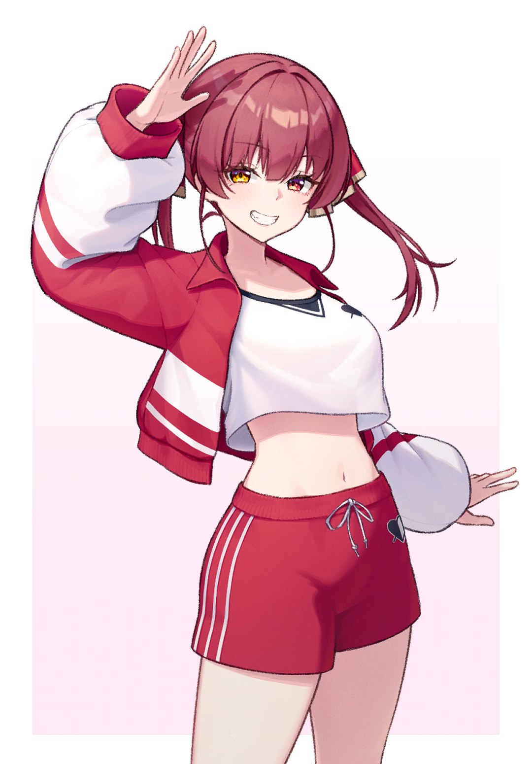 pistacho0101, houshou marine, hololive, highres, 1girl, arm up, border, cowboy shot, crop top, crop top overhang, cropped shirt, gradient background, heterochromia, jacket, long hair, long sleeves, looking at viewer, multicolored jacket, navel, open clothes, open jacket, outside border, red eyes, red hair, red shorts, shirt, short shorts, shorts, solo, standing, stomach, virtual youtuber, white border, white shirt, wide sleeves, yellow eyes