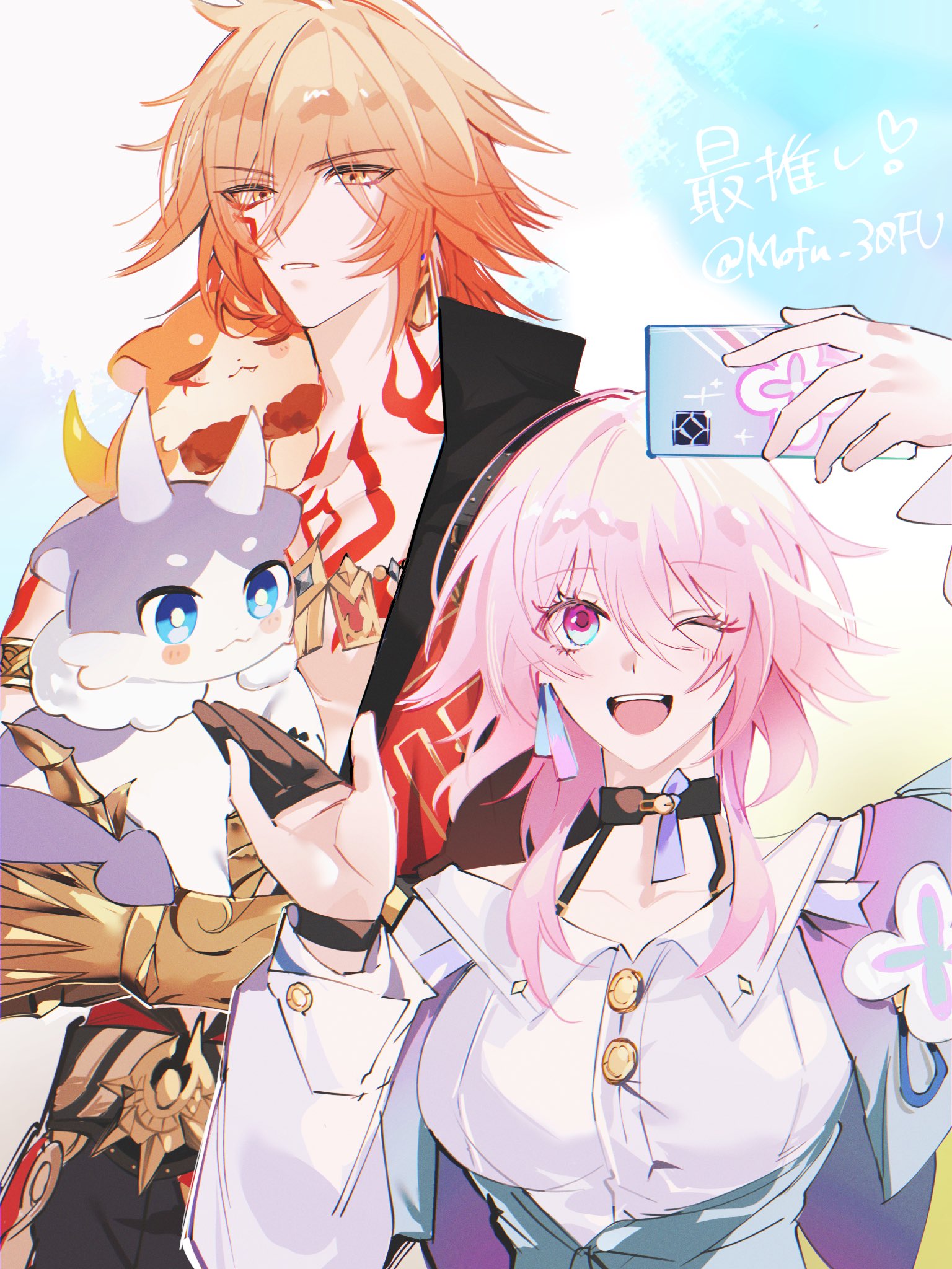 march 7th (honkai: star rail), march 7th (preservation) (honkai: star rail), mydei (fig stew) (honkai: star rail), mydei (honkai: star rail), phainon (honkai: star rail), phainon (vigethos) (honkai: star rail), honkai: star rail, honkai (series), commentary, highres, 1boy, 1girl, buttons, choker, clawed gauntlets, earrings, gauntlets, gloves, gradient background, hair between eyes, horns, jacket, jewelry, medium hair, mofu 30fu, multicolored eyes, necklace, off shoulder, one eye closed, orange eyes, phone, pink hair, red tattoo, shirt, single earring, teeth, two-tone eyes, upper teeth only, white shirt