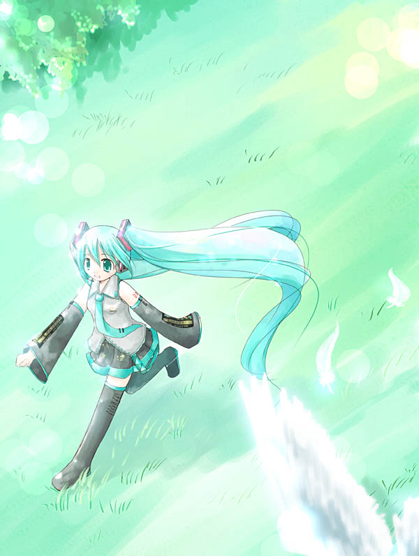 namiuchi nanami, hatsune miku, vocaloid, bad id, bad pixiv id, bird, blue hair, detached sleeves, feathers, grass, green eyes, long hair, necktie, skirt, solo, thighhighs, twintails, very long hair