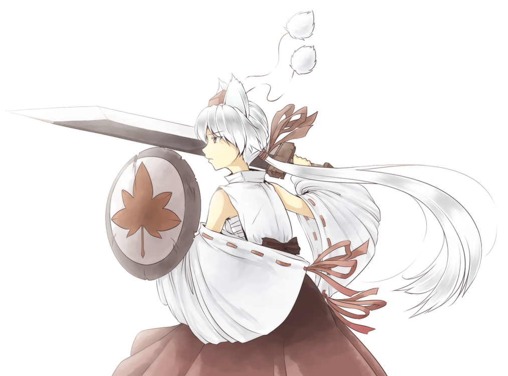 plastic lens, urin, inubashiri momiji, touhou, silver hair, bad id, bad pixiv id, 1girl, alternate hairstyle, animal ears, detached sleeves, female focus, hair ribbon, hat, long hair, ponytail, ribbon, sarashi, shield, simple background, solo, sword, very long hair, weapon, wolf ears