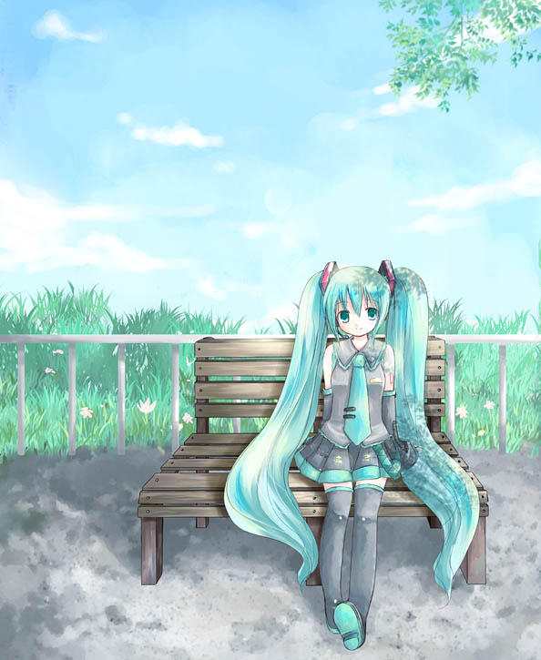 namiuchi nanami, hatsune miku, vocaloid, bench, blue hair, detached sleeves, green eyes, headset, long hair, necktie, sitting, skirt, solo, thighhighs, twintails, very long hair