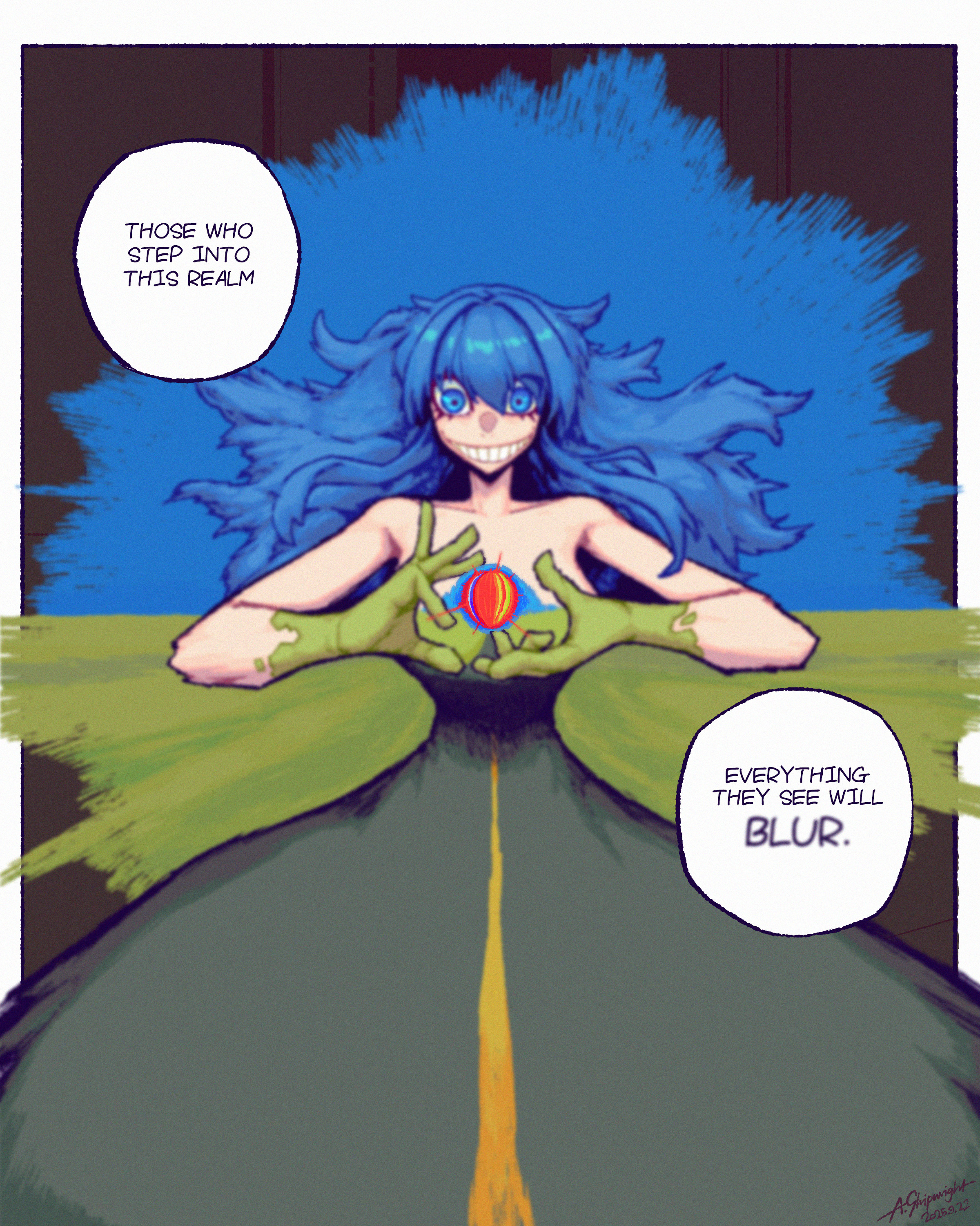 a shipwright, original, absurdres, highres, 1girl, artist name, blue eyes, blue hair, blurry, blurry vision, breasts, collarbone, dated, dress, english text, grin, holding orb, landscape, large breasts, long hair, magic, messy hair, signature, smile, solo, vision test