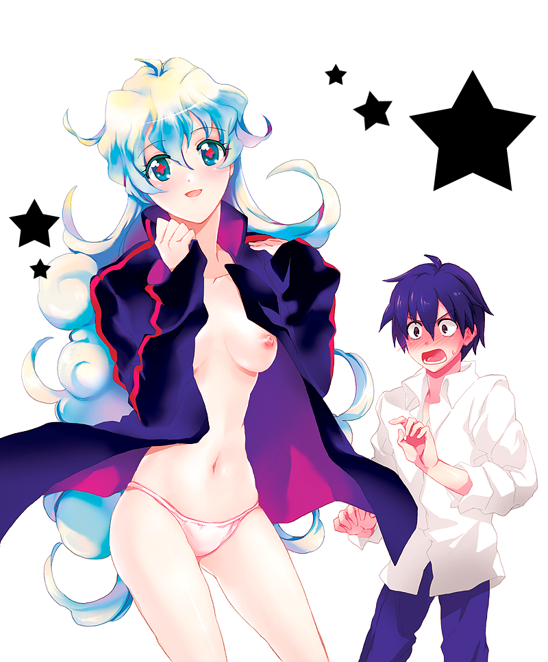 awa-san, awa (awaawa), nia teppelin, simon (ttgl), tengen toppa gurren lagann, bad id, bad pixiv id, + +, 00s, 1boy, 1girl, blue hair, blush, borrowed clothes, breasts, coat, couple, cross-shaped pupils, hetero, jacket, long hair, multicolored hair, naked coat, nipples, panties, short hair, small breasts, smile, star (symbol), symbol-shaped pupils, topless female, underwear