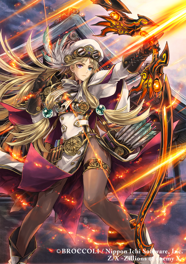 hagiya kaoru, gandiva (z/x), z/x, official art, 1girl, arrow (projectile), blonde hair, bow (weapon), capelet, closed mouth, copyright notice, fire, goggles, goggles on headwear, gold trim, green eyes, hair ornament, hat, heterochromia, holding, holding bow (weapon), holding weapon, long hair, military dress uniform, military uniform, outdoors, pantyhose, purple eyes, sidelocks, weapon, white capelet, white hat