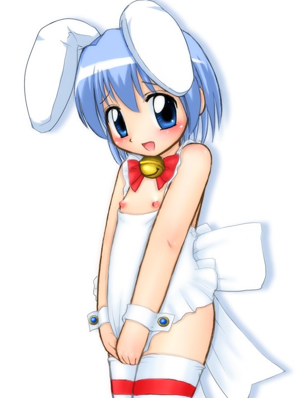 miyanii (myanie), ayasaki hayate, hayate no gotoku!, 00s, 1boy, animal ears, apron, bell, blue eyes, blue hair, blush, bow, bowtie, covering privates, cuff links, jingle bell, male focus, matching hair/eyes, naked apron, nipples, rabbit ears, short hair, shota, solo, striped clothes, striped thighhighs, thighhighs, trap