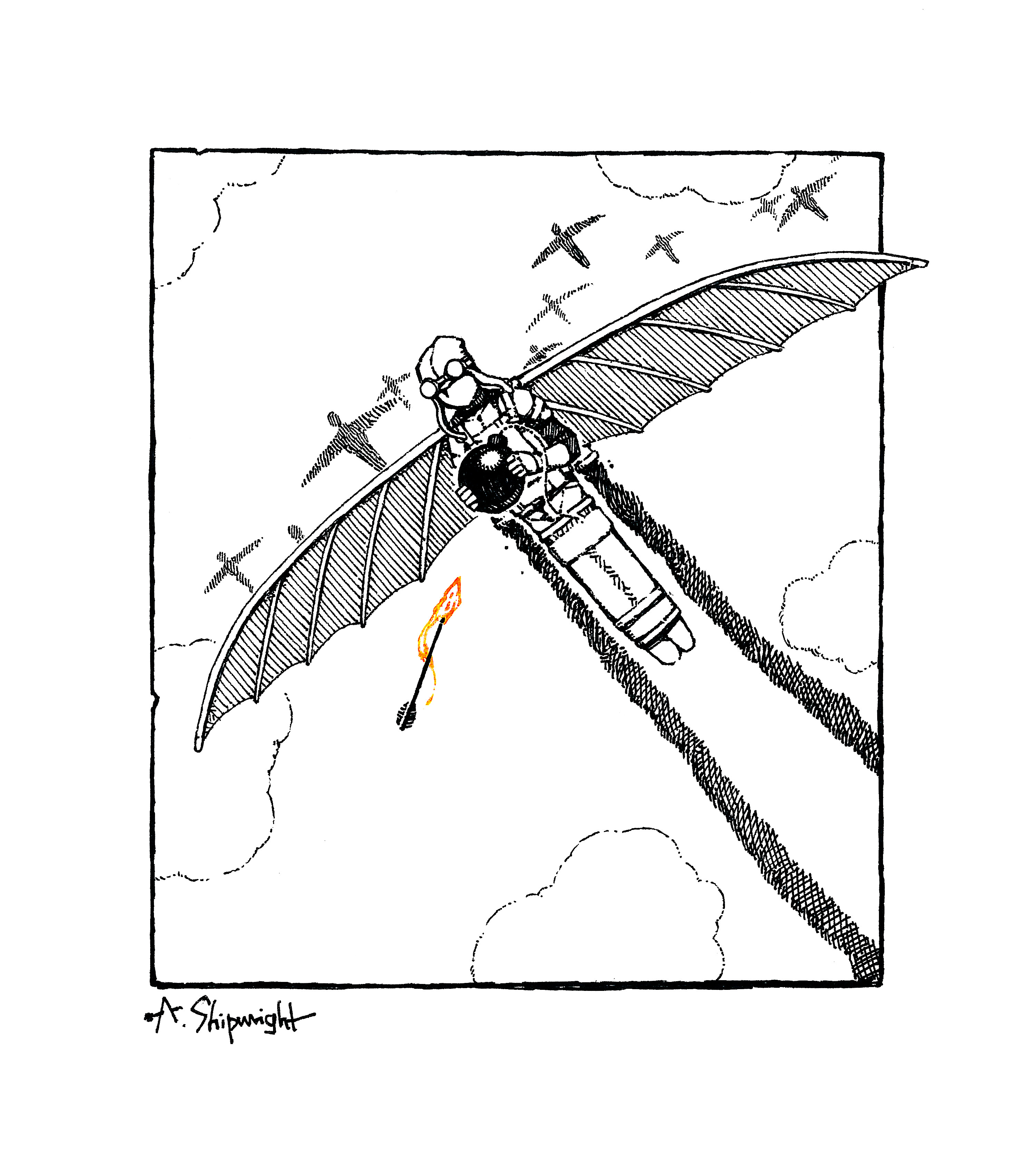 a shipwright, original, absurdres, highres, 1other, arrow (projectile), artist name, aviator cap, aviator goggles, bomb, cloud, explosive, flaming arrow, flight suit, goggles, holding, holding bomb, limited palette, mechanical wings, signature, silhouette, wings