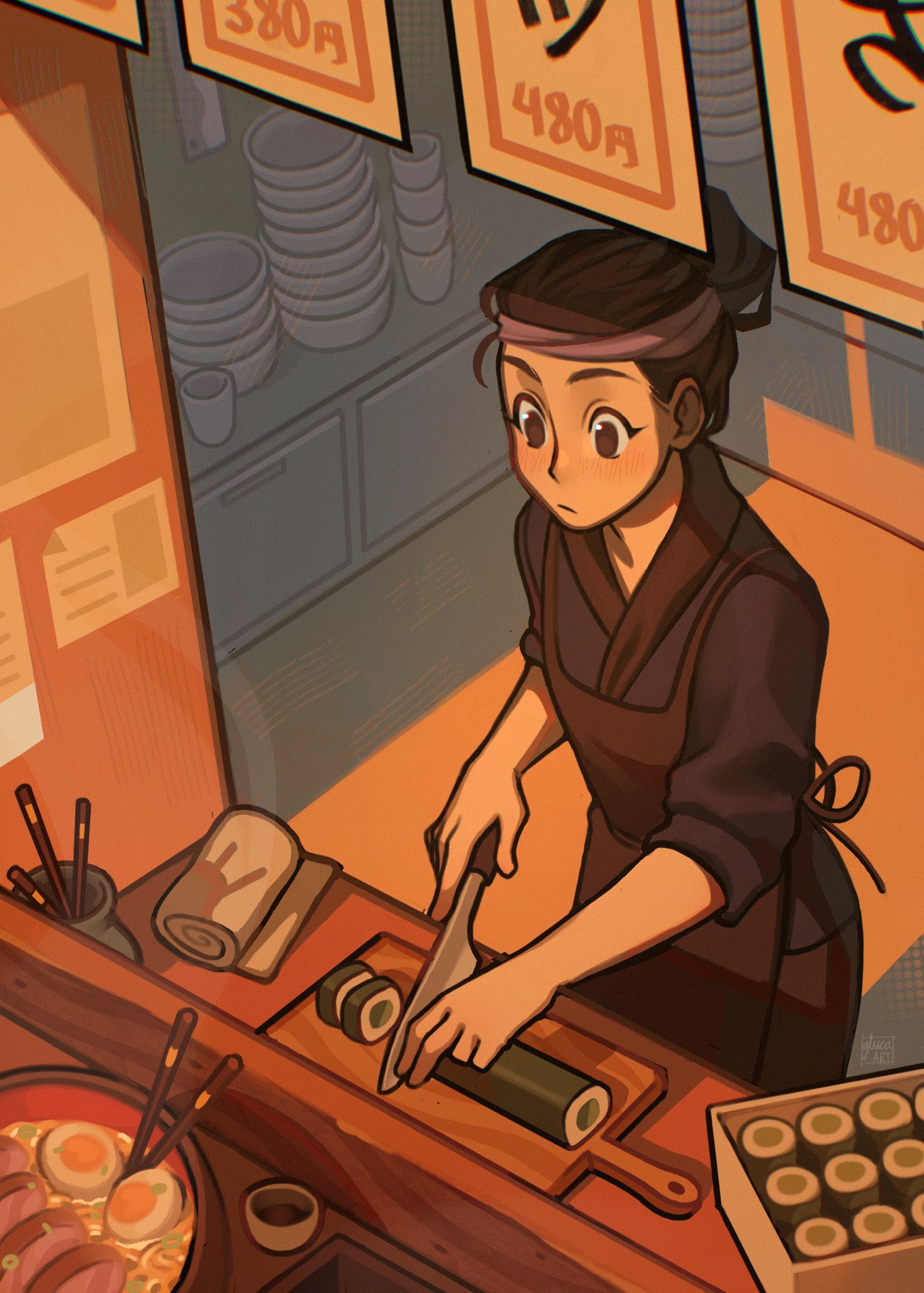 original, commentary, english commentary, highres, 1girl, apron, bowl, bowl stack, brown apron, brown eyes, brown hair, chopsticks, cutting board, egg (food), food, from above, gluca, hair bun, japanese clothes, light frown, makizushi, noodles, ramen, restaurant, single hair bun, slicing, solo, sushi