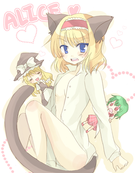 chocho (homelessfox), alice margatroid, kazami yuuka, kirisame marisa, touhou, 3girls, animal ears, blonde hair, blue eyes, cat ears, cat girl, cat tail, chibi, dandelions (pixiv), female focus, multiple girls, open clothes, open shirt, shirt, short hair, tail